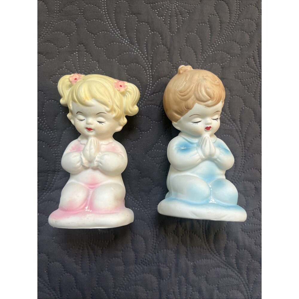2pc Vintage Porcelain 5” Praying Girl/Boy MCM Statues Home Decor Accents Collect